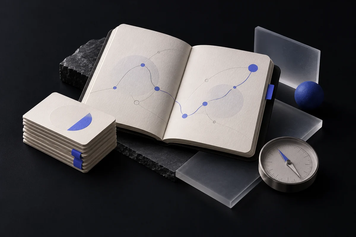 Conceptual illustration of an open research notebook, itinerary cards and a compass